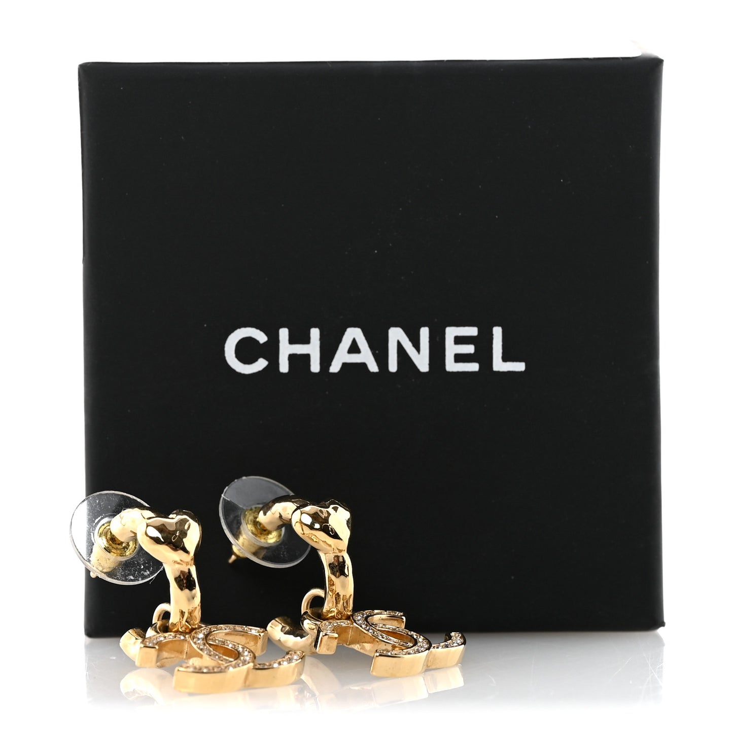 Metal Crystal CC Heart Drop Hoop Earrings Gold