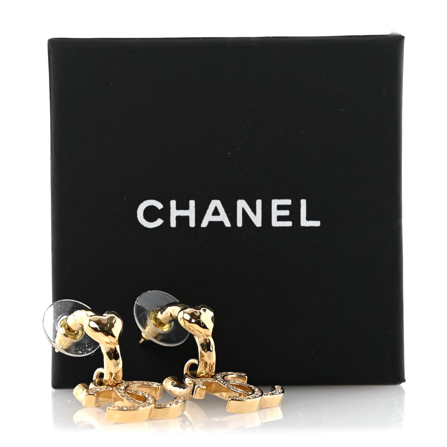 Chanel Metal Crystal CC Heart Drop Hoop Earrings Gold 5 of 5