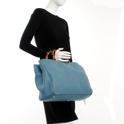 Gucci Pebbled Calfskin Large Bamboo Shopper Tote Light Blue 3 of 12