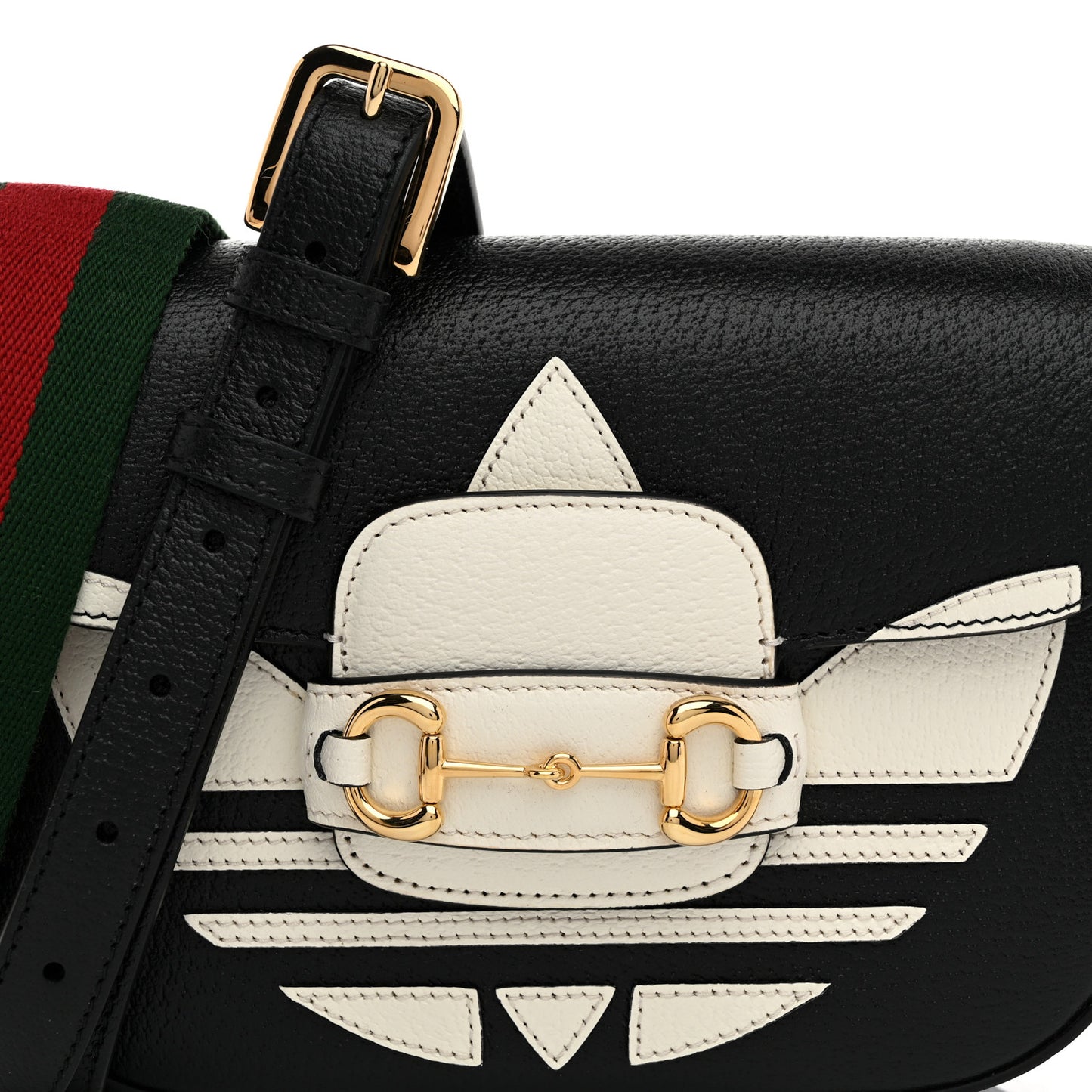 X ADIDAS Textured Dollar Calfskin Web Trefoil Mini Horsebit 1955 Shoulder Bag Black Off White