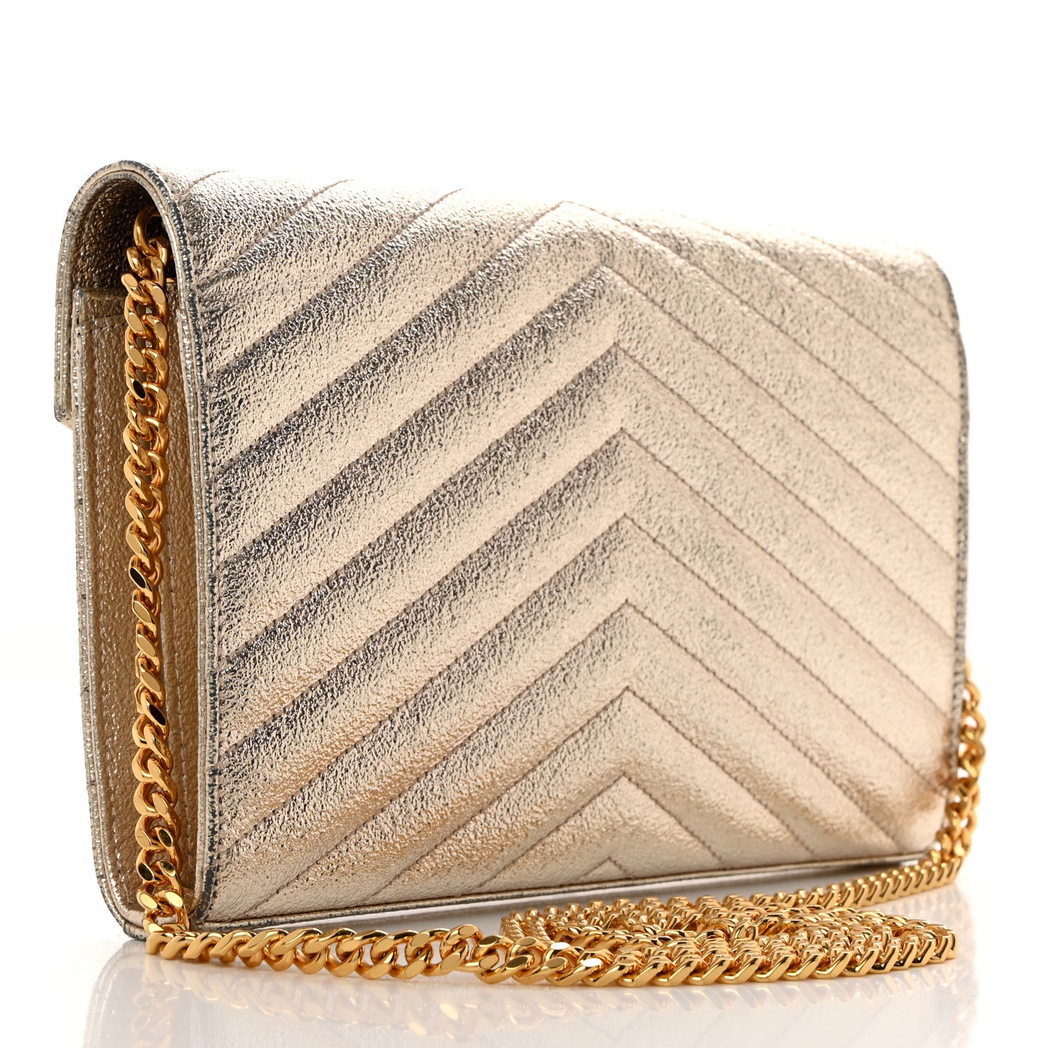Saint Laurent Metallic Crackled Calfskin Matelasse Chevron Monogram Chain Wallet Gold 3 of 11