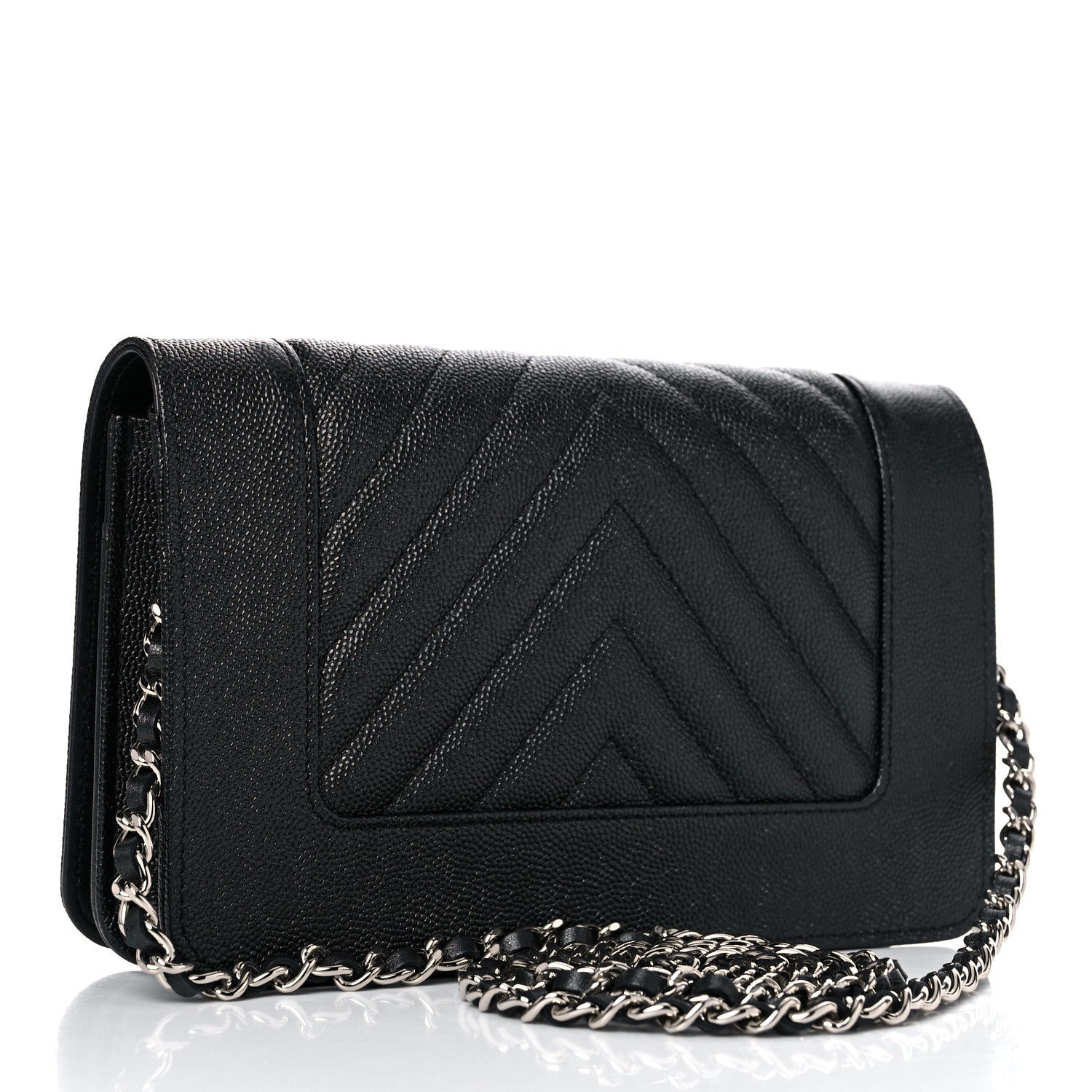 Chanel Metallic Caviar Chevron Quilted Vintage Mademoiselle Wallet On Chain WOC Charcoal 3 of 12