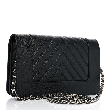 Chanel Metallic Caviar Chevron Quilted Vintage Mademoiselle Wallet On Chain WOC Charcoal 3 of 12