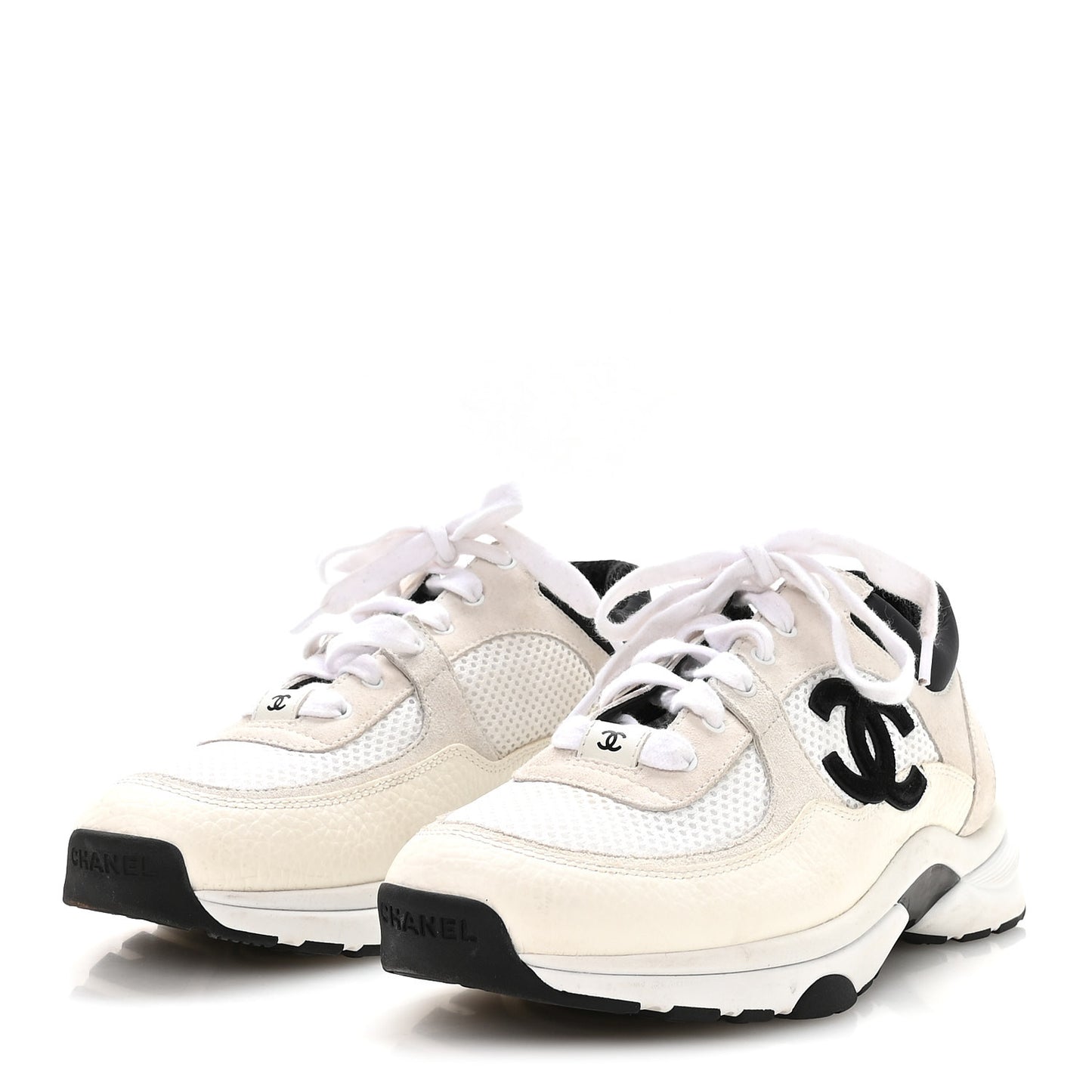 Mesh Suede Calfskin Grained Calfskin Womens CC Sneakers 38.5 White Black