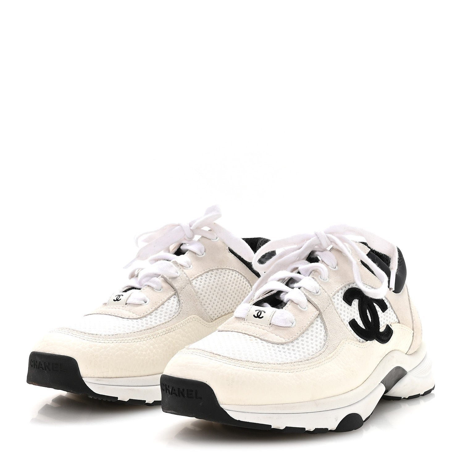 Chanel Mesh Suede Calfskin Grained Calfskin Womens CC Sneakers 38.5 White Black 4 of 9