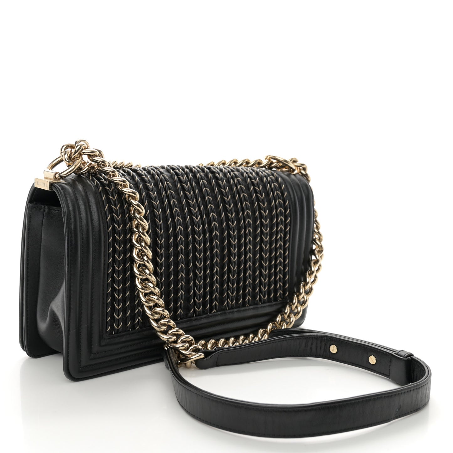 Calfskin Braided Medium Boy Flap Black
