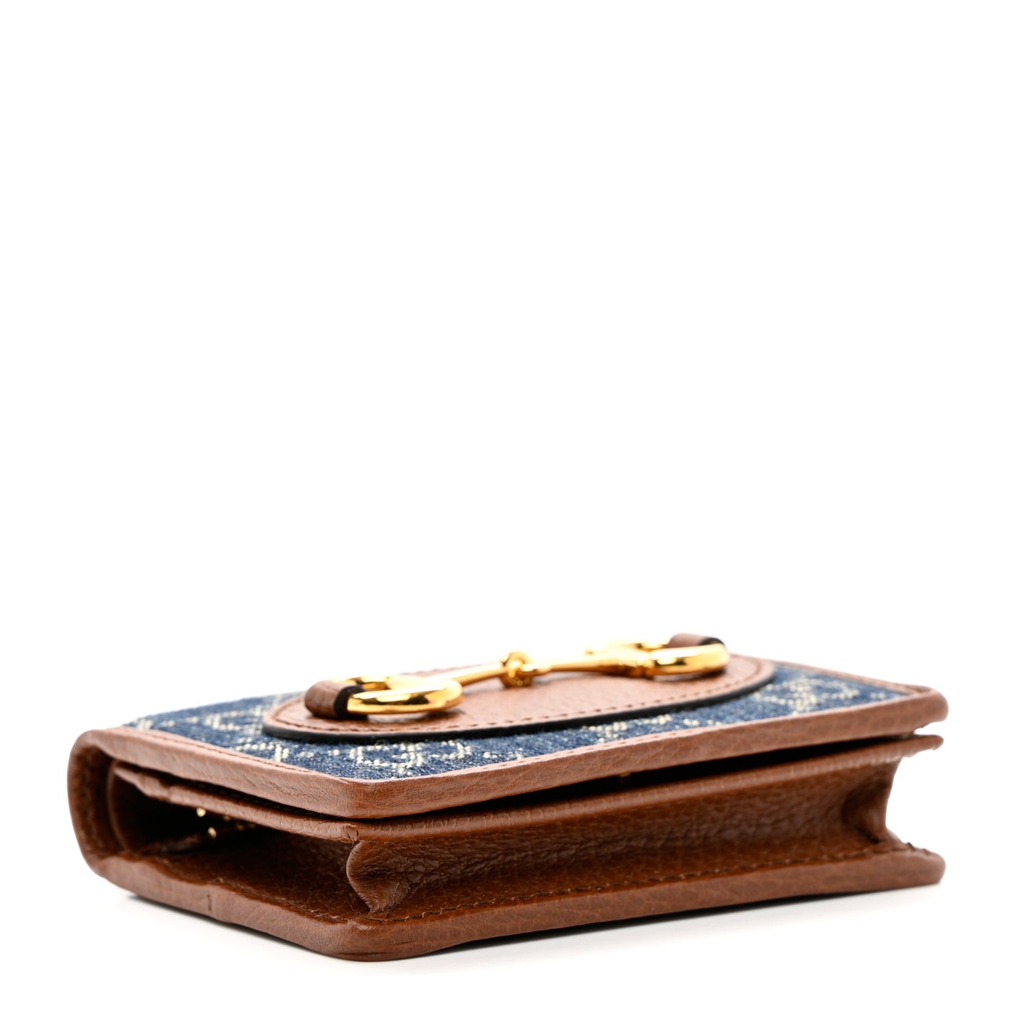 New Denim GG Monogram Dollar Calfskin Horsebit 1955 Card Case Wallet Blue Tea Cuir Epilog