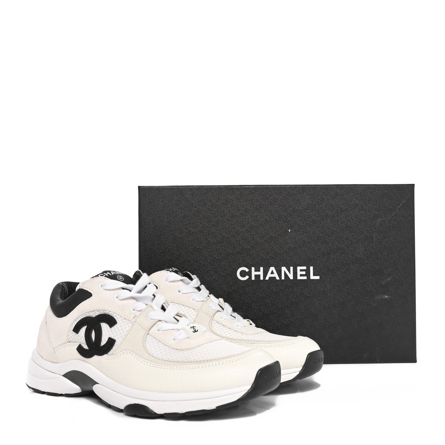 Mesh Suede Calfskin Grained Calfskin Womens CC Sneakers 38.5 White Black