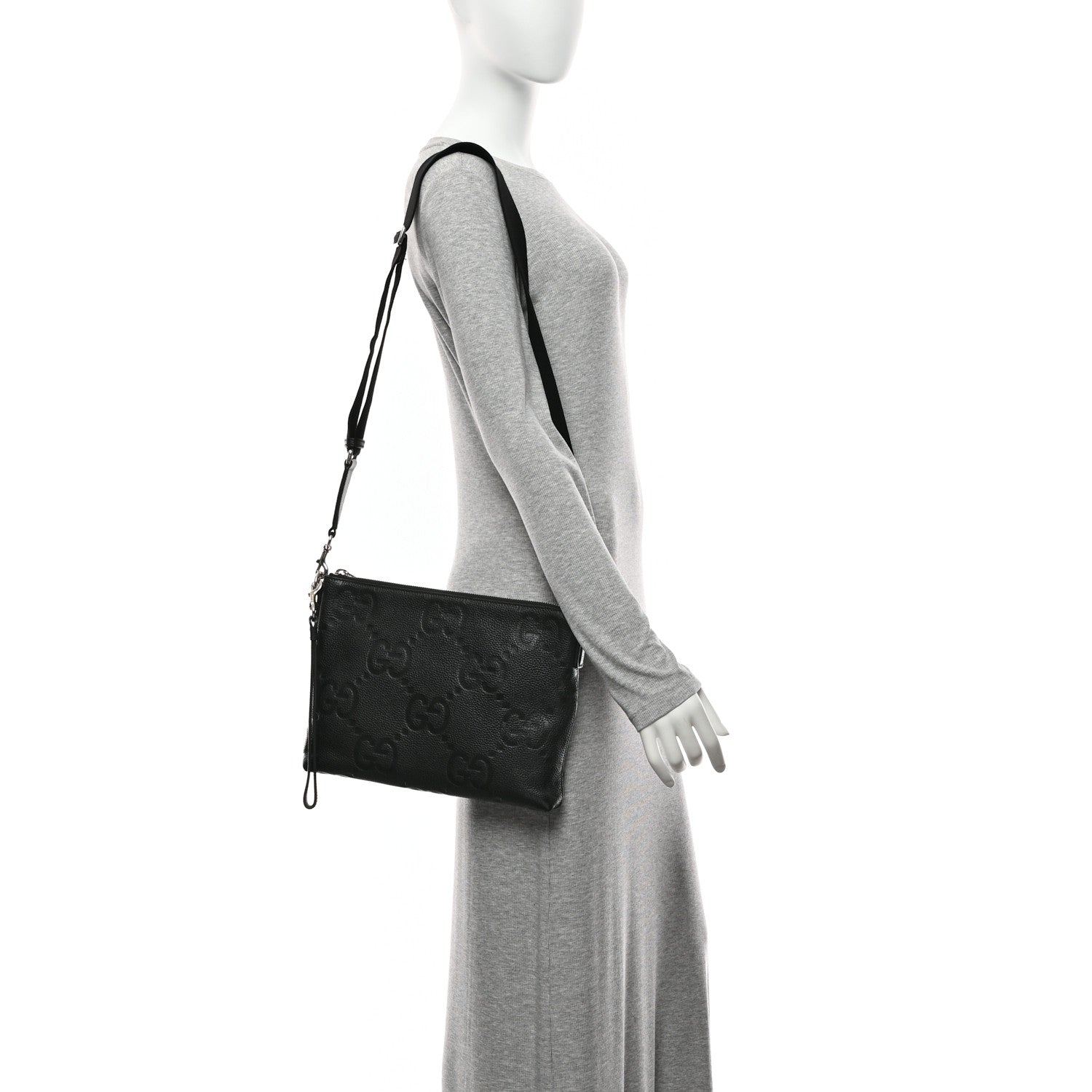 Gucci Piuma Calfskin Jumbo GG Embossed Medium Wristlet Messenger Bag Black 2 of 11