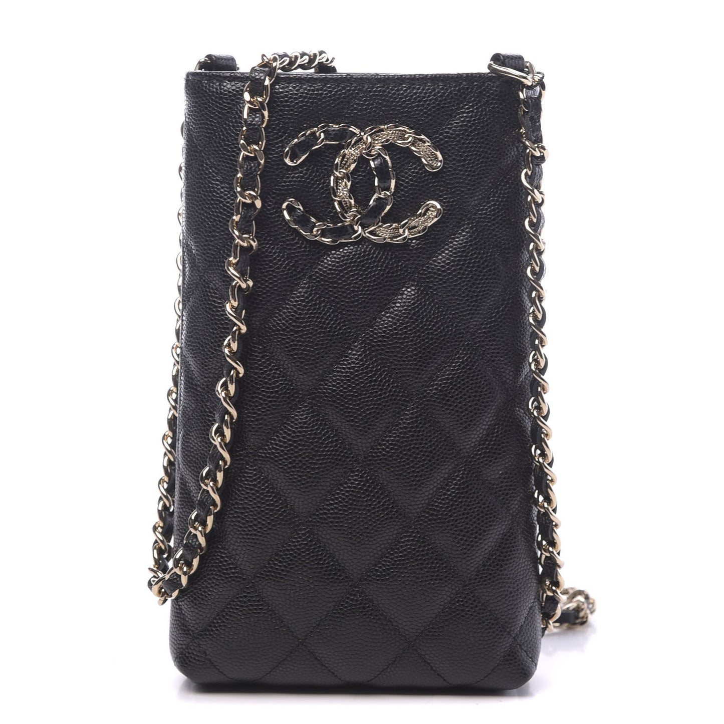 Caviar Quilted French New Wave Phone Holder With Chain Black