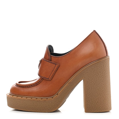 Prada Calfskin Metal Triangle Logo Flow Heeled Loafers 36 Caramel 2 of 18