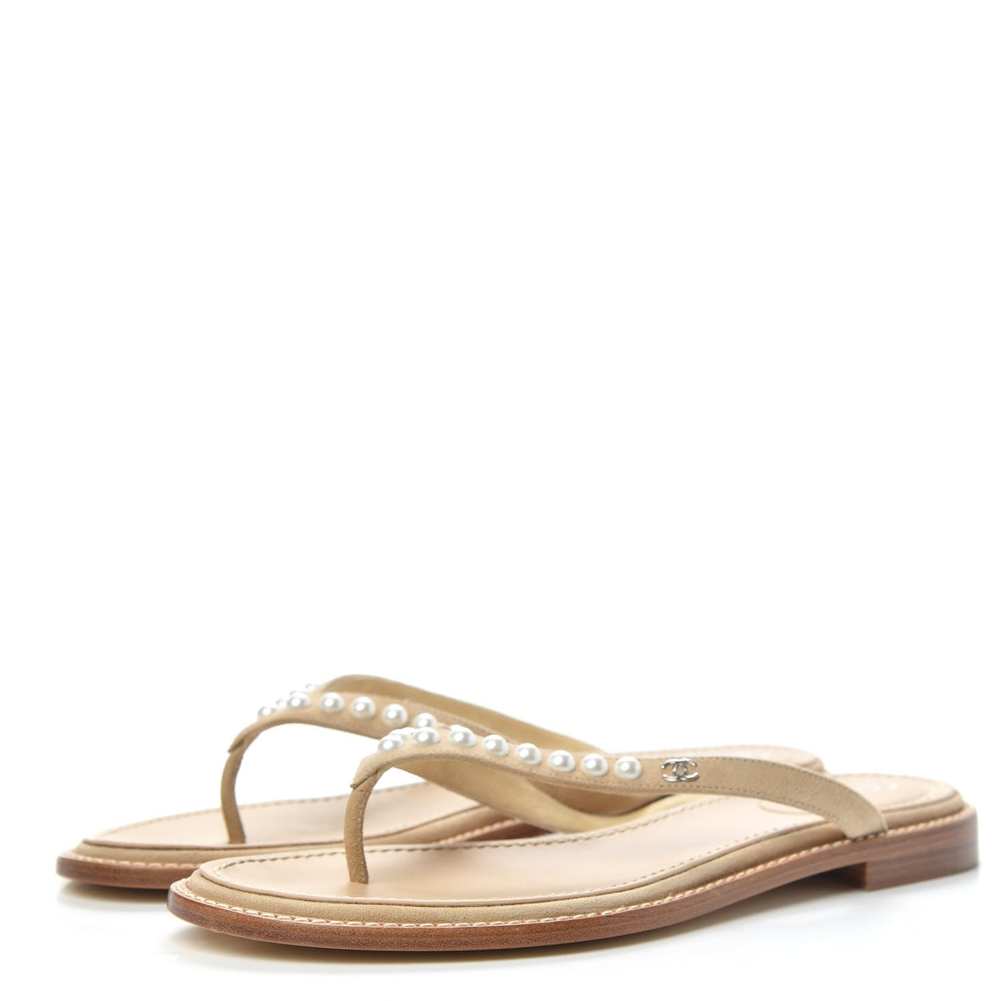 Suede Pearl Thong Sandals 39 Beige
