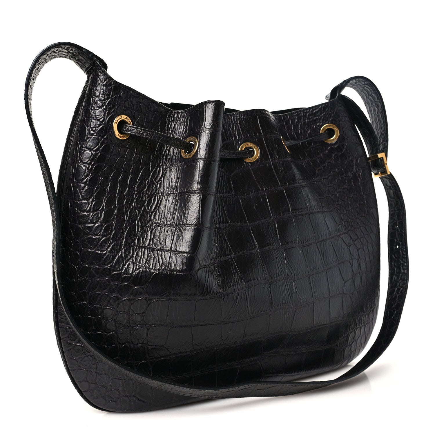 Saint Laurent Calfskin Crocodile Embossed Paris VII Large Flat Hobo Black 4 of 11