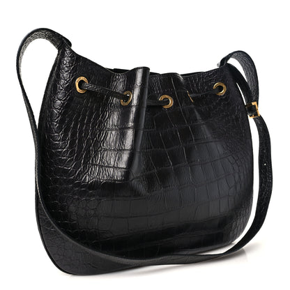 Saint Laurent Calfskin Crocodile Embossed Paris VII Large Flat Hobo Black 4 of 11
