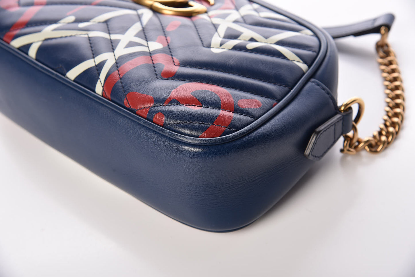 Calfskin Matelasse GucciGhost Small GG Marmont Chain Shoulder Bag Blue Agata Hibiscus Red