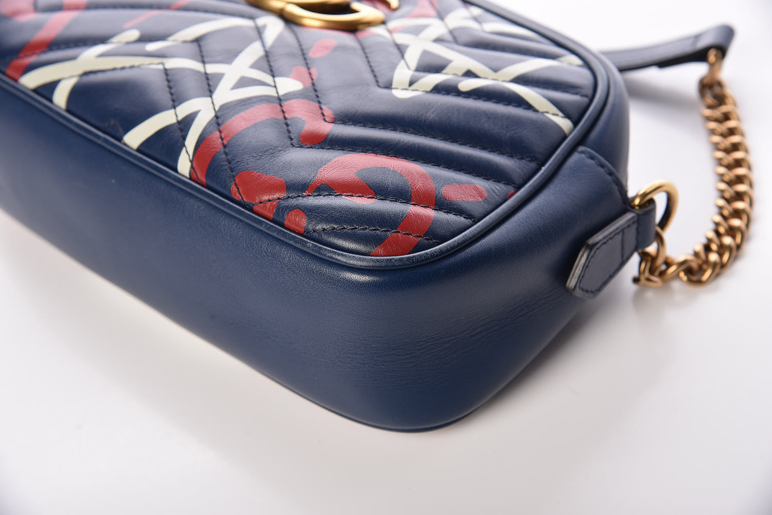 Gucci Calfskin Matelasse GucciGhost Small GG Marmont Chain Shoulder Bag Blue Agata Hibiscus Red 15 of 16