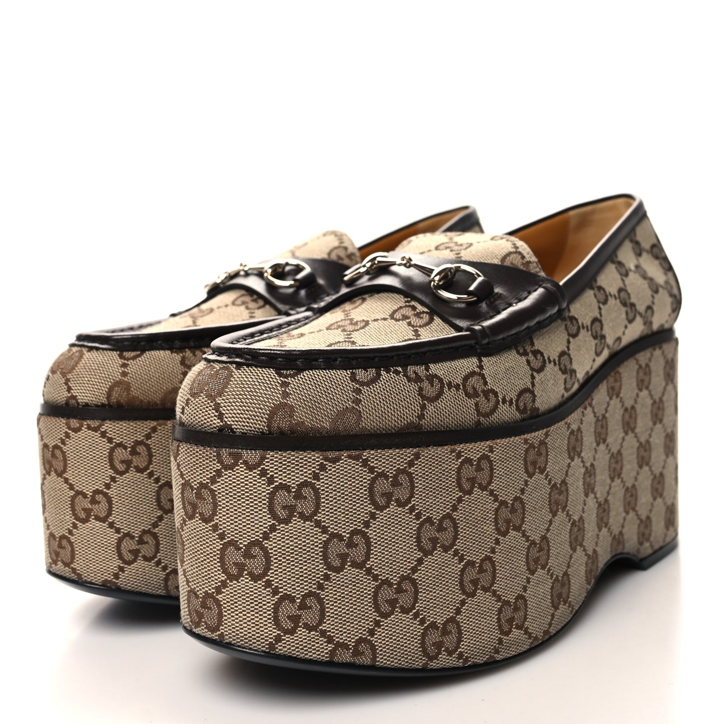 Canvas GG Monogram Horsebit Calfskin Womens Horsebit Platform Loafers 40 Beige Ebony