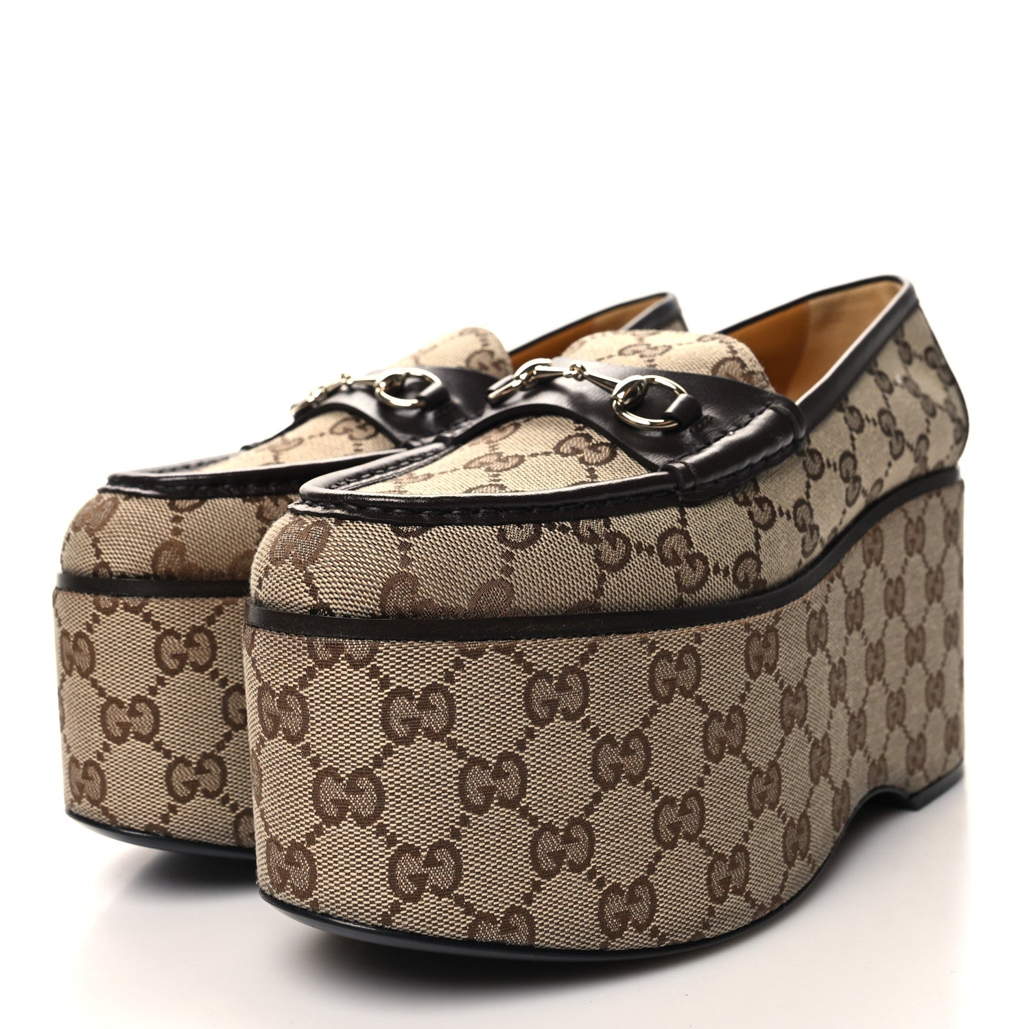 Gucci Canvas GG Monogram Horsebit Calfskin Womens Horsebit Platform Loafers 40 Beige Ebony 3 of 9