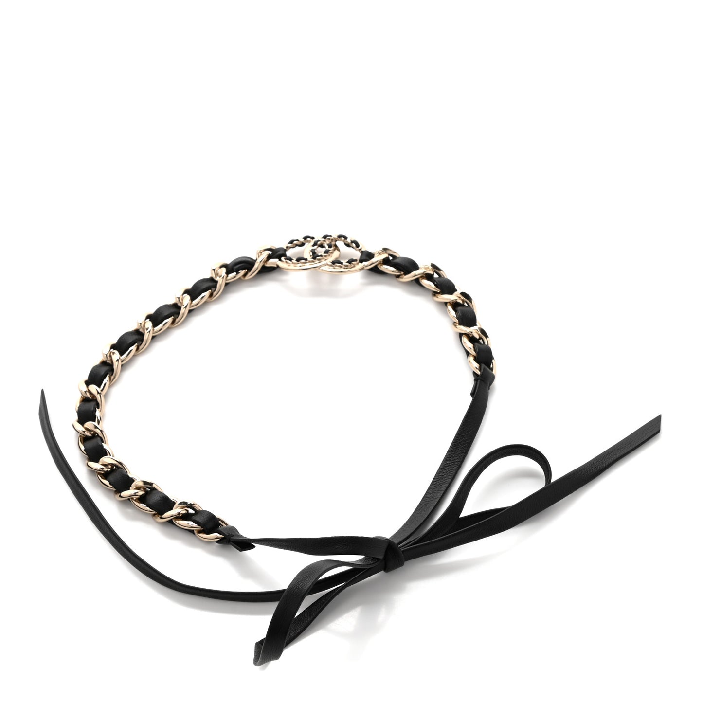 Metal Lambskin CC Chain Tie Headband Gold Black