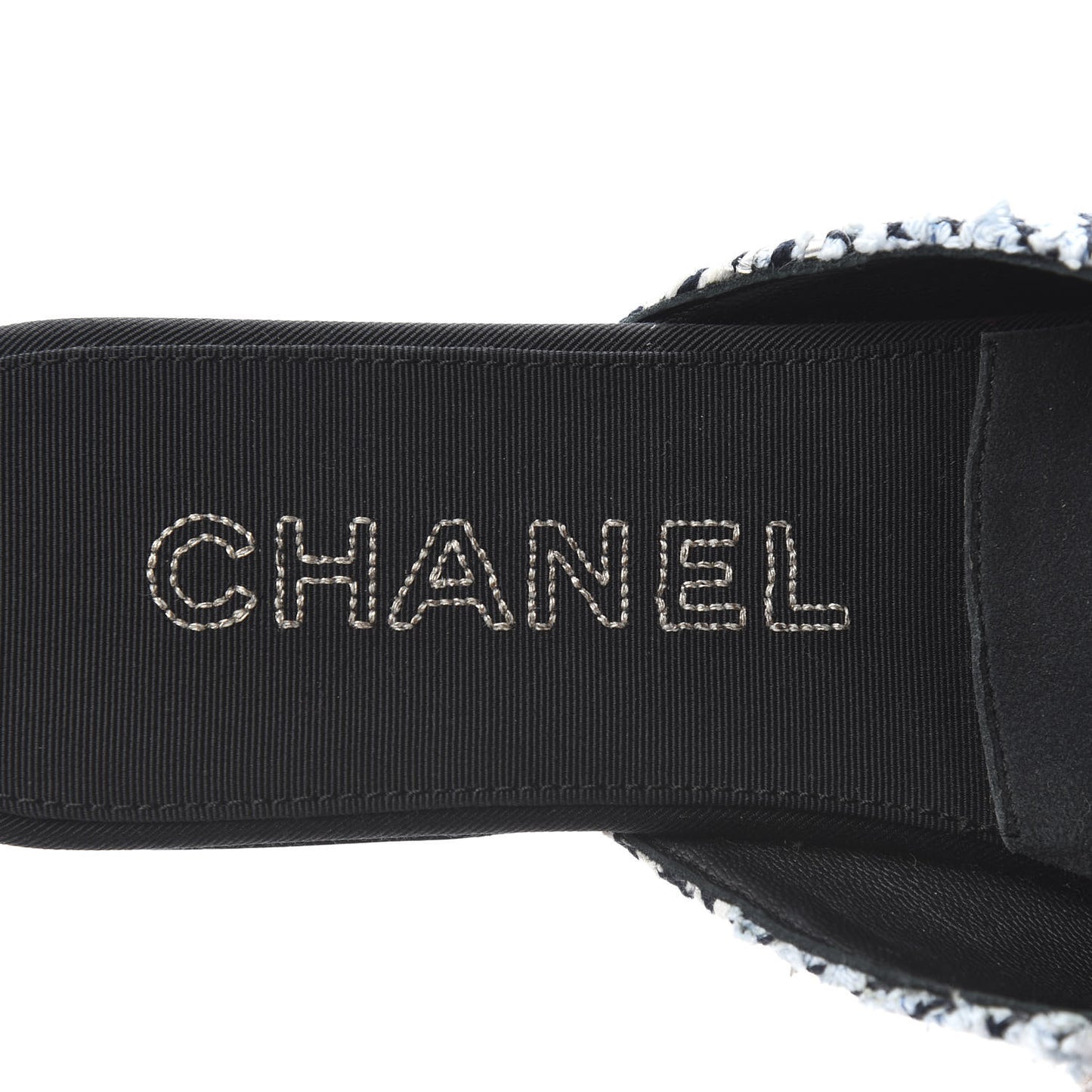 Tweed Grosgrain Camellia CC Flats 37.5 Light Blue Black