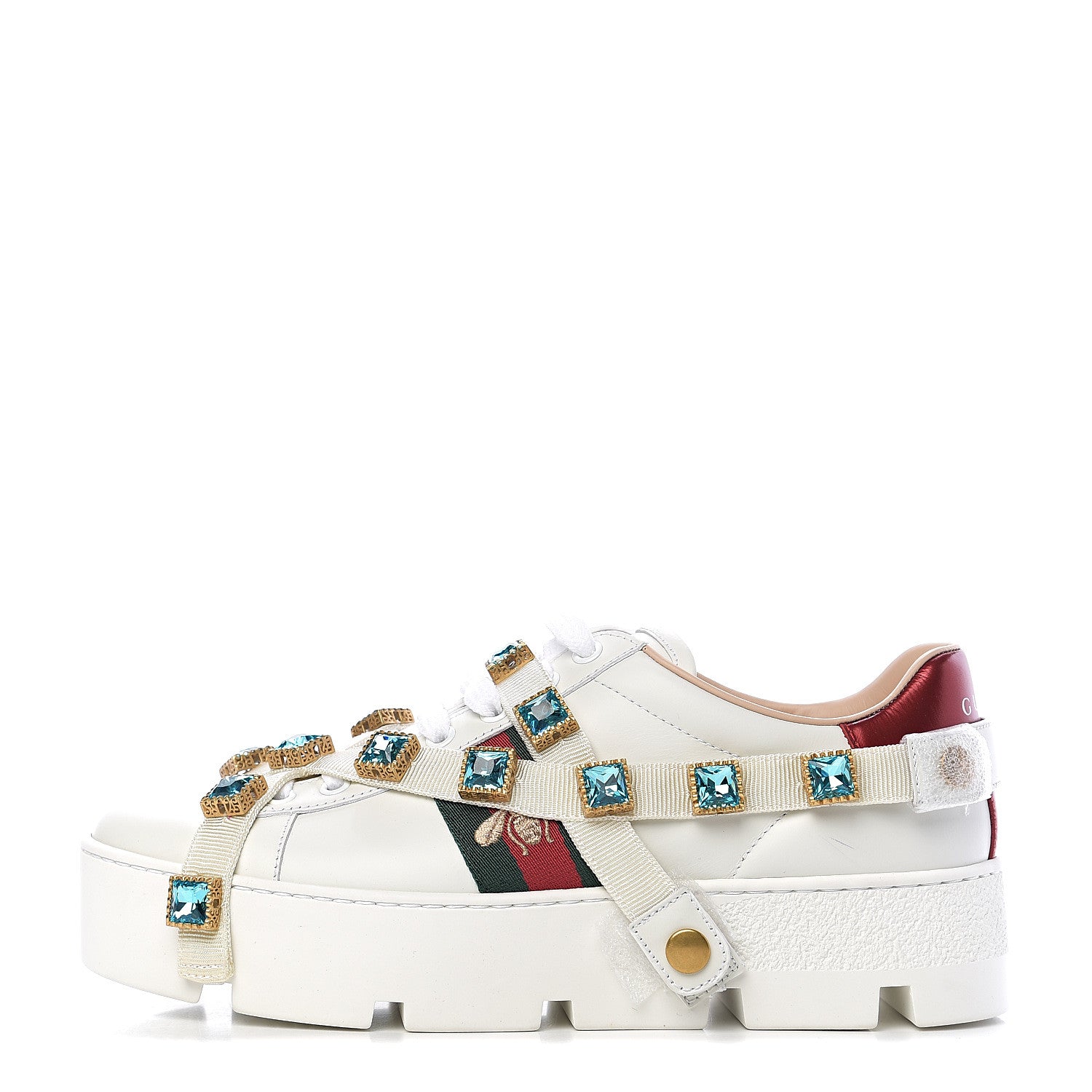 Gucci Calfskin Removable Crystals Bee Embroidered Ace Platform Sneakers 37.5 White 1 of 11