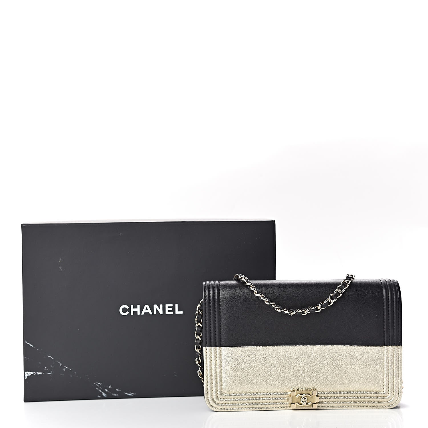 Chanel Metallic Goatskin Lambskin Boy Wallet on Chain WOC Black Gold 13 of 13