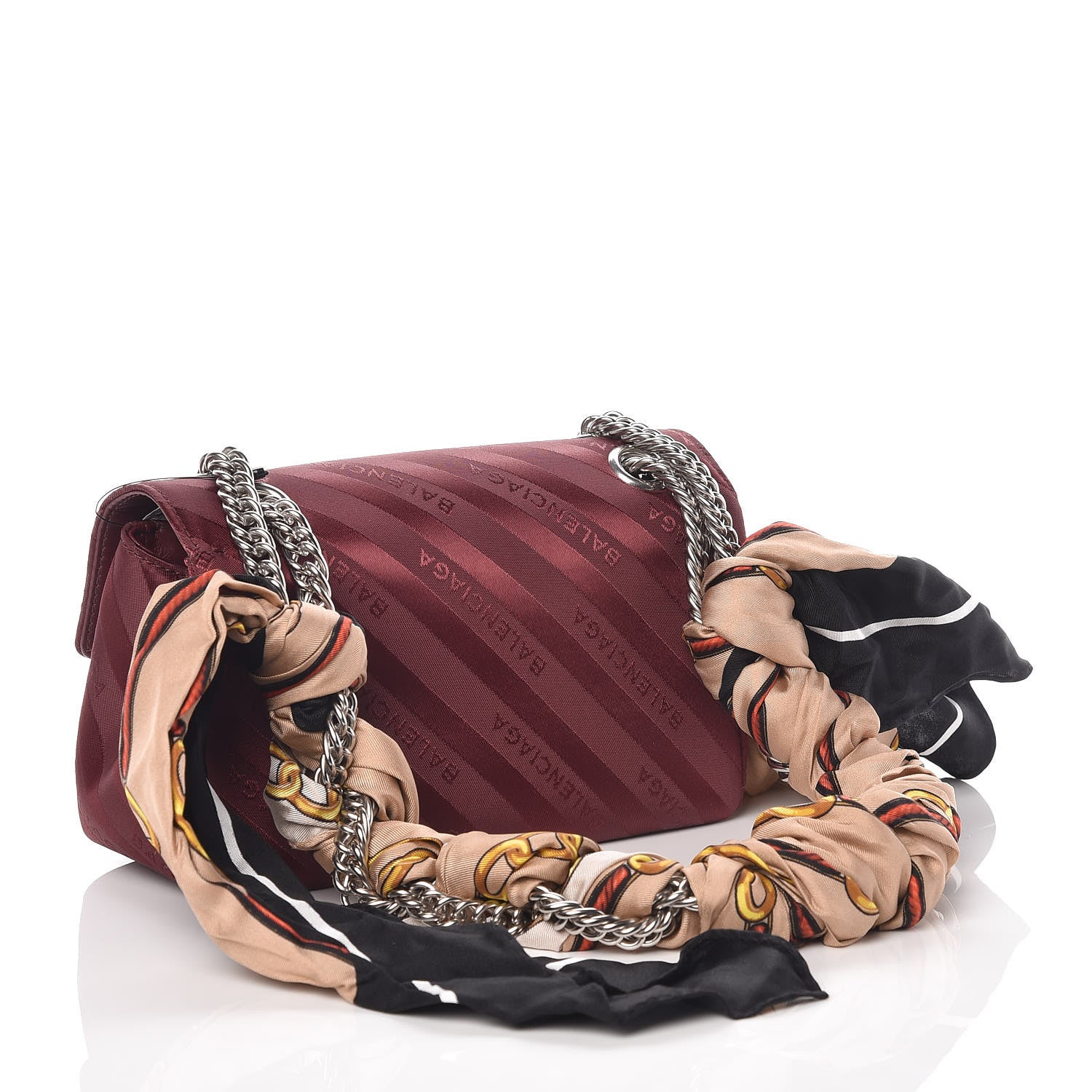 Balenciaga Nylon Jacquard Diagonal Logo Small Scarf Lock Chain Shoulder Bag Rouge Bordeaux Black Beige 3 of 9