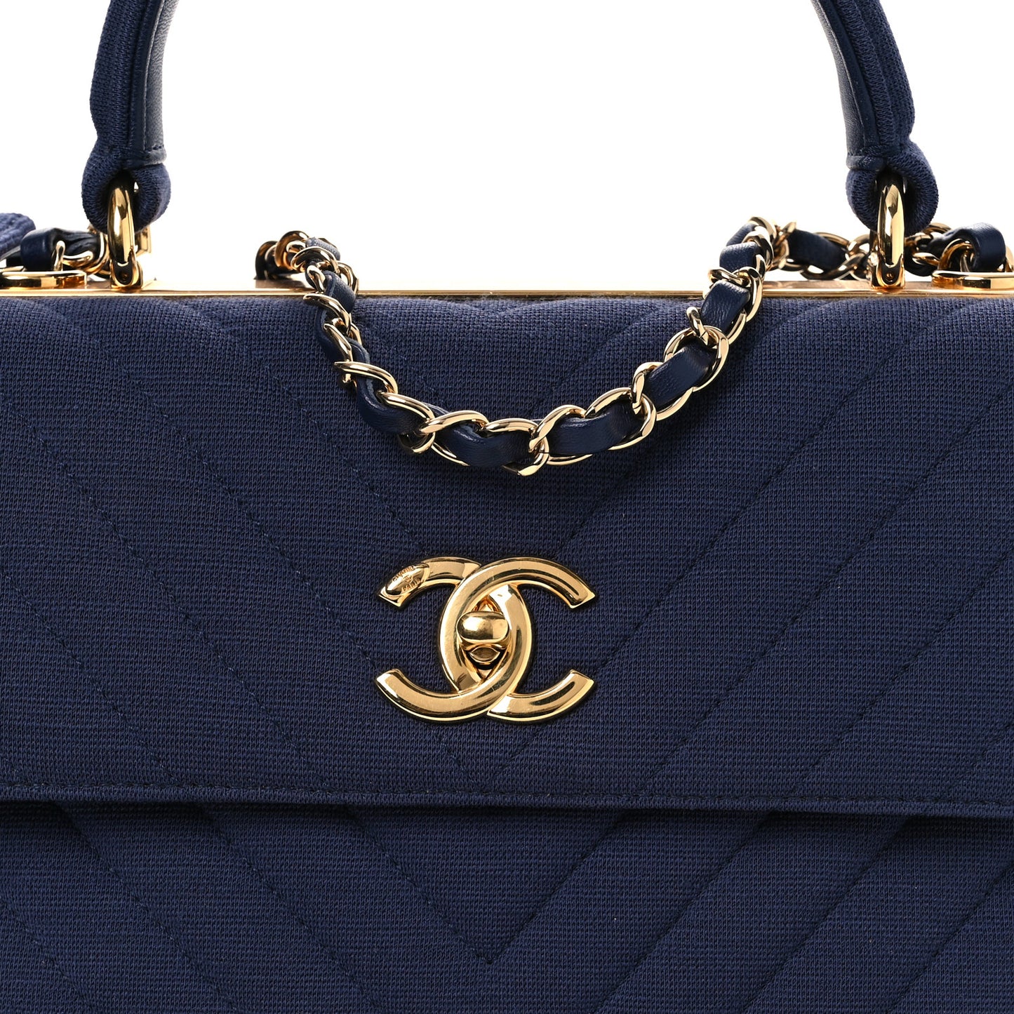 Jersey Chevron Quilted Small Trendy CC Dual Handle Flap Bag Navy Blue