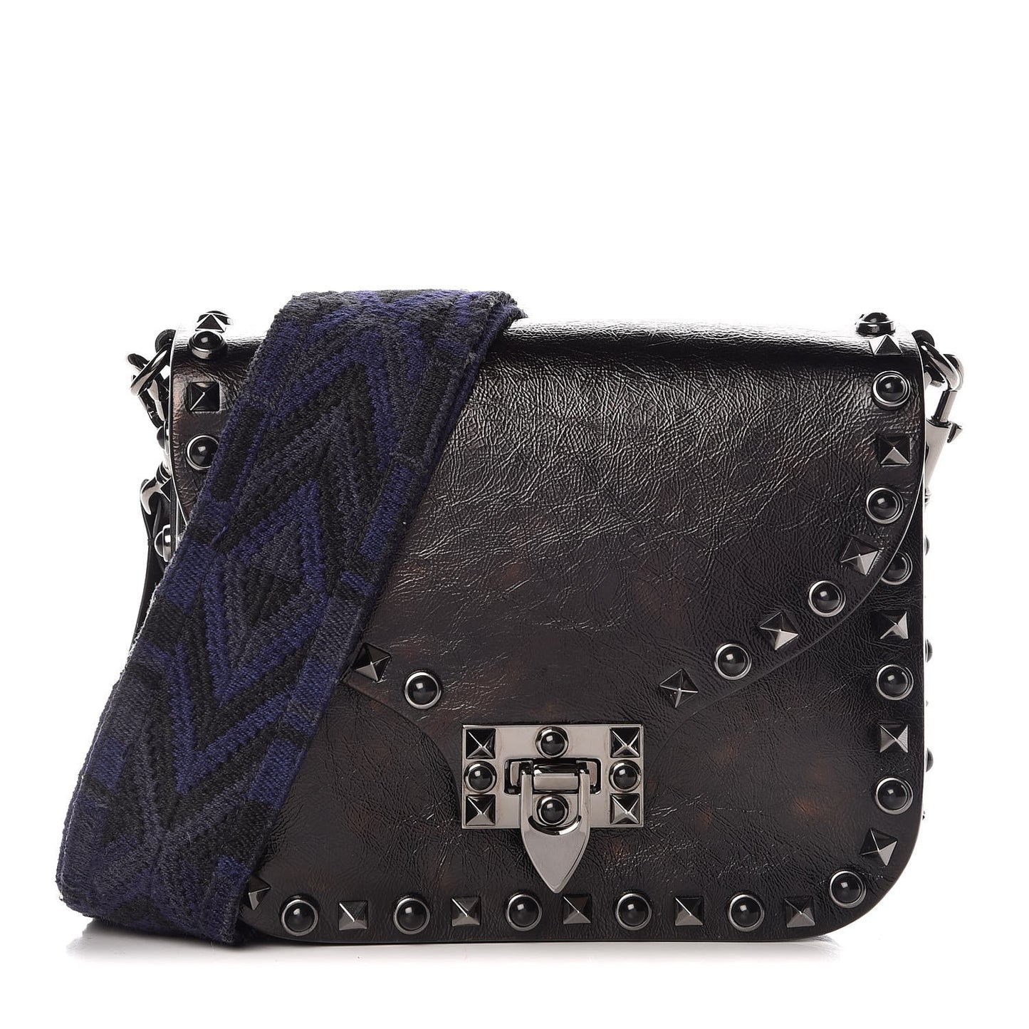 Craquele Calfskin Guitar Strap Rockstud Rolling Shoulder Flap Messenger Bag Black