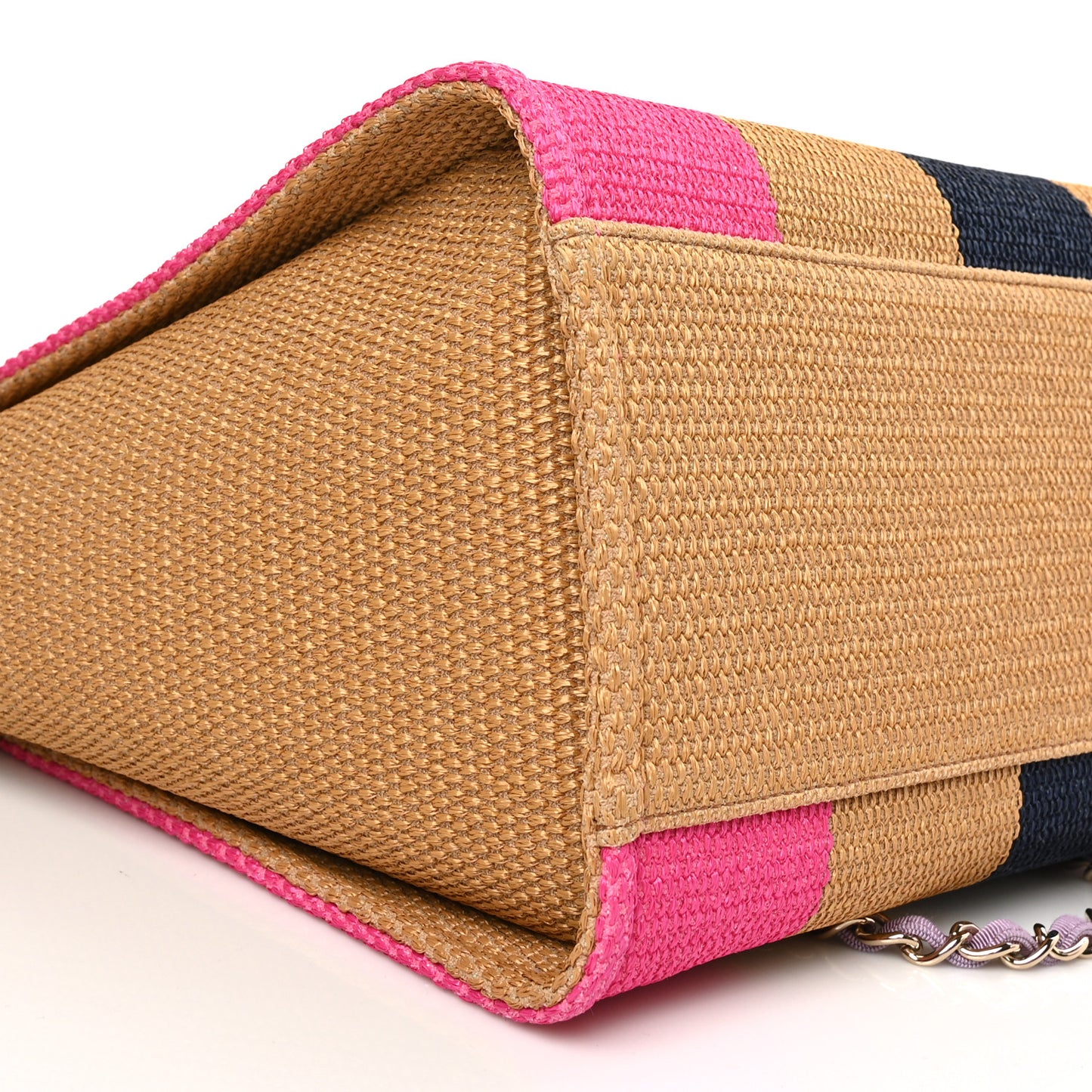 Straw Raffia Calfskin Striped Medium Deauville Tote Dark Beige Fuchsia Navy Blue