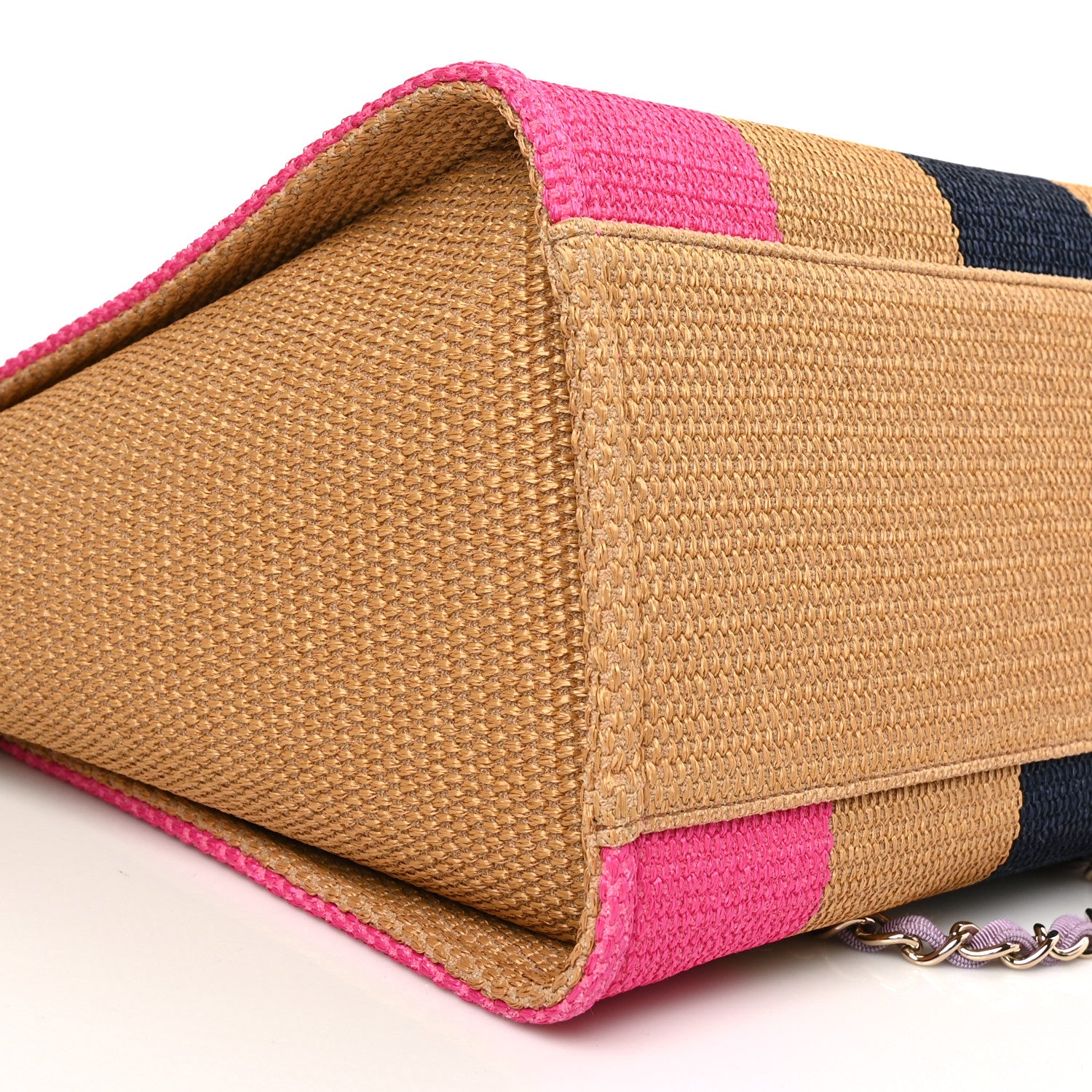 Chanel Straw Raffia Calfskin Striped Medium Deauville Tote Dark Beige Fuchsia Navy Blue 9 of 10