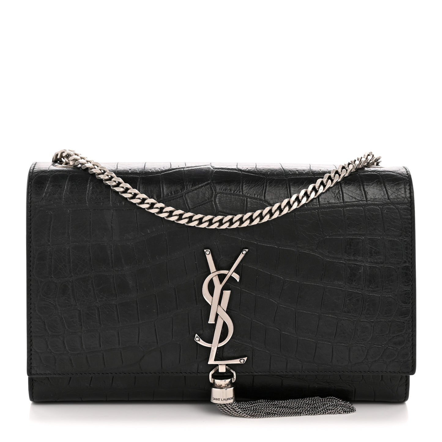 Calfskin Crocodile Embossed Medium Classic Monogram Kate Tassel Satchel Black