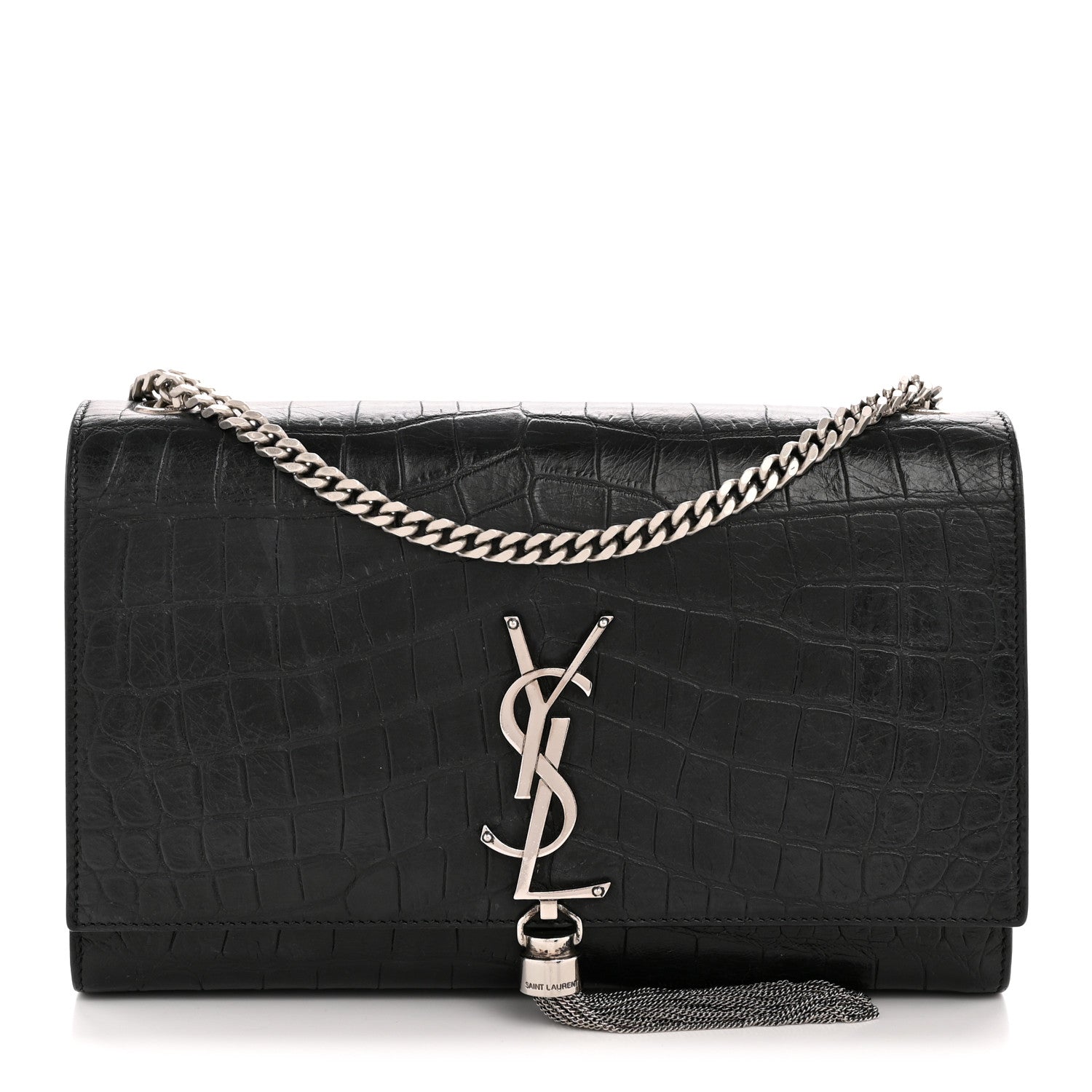 Saint Laurent Calfskin Crocodile Embossed Medium Classic Monogram Kate Tassel Satchel Black 1 of 14