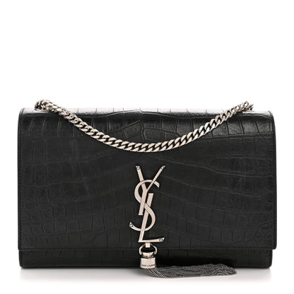 Saint Laurent Calfskin Crocodile Embossed Medium Classic Monogram Kate Tassel Satchel Black 1 of 14