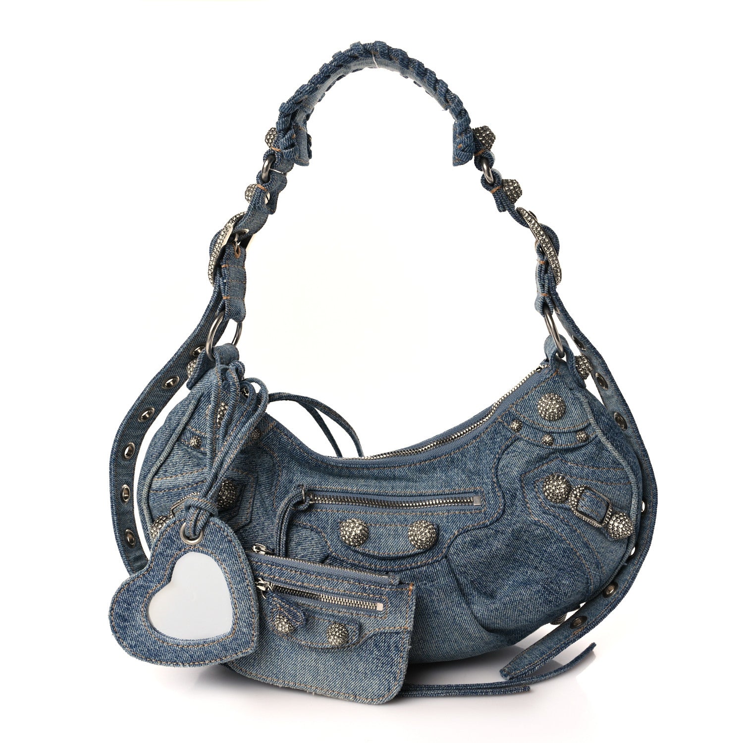 Balenciaga Washed Frayed Denim Crystal Small Le Cagole Shoulder Bag Blue 1 of 9