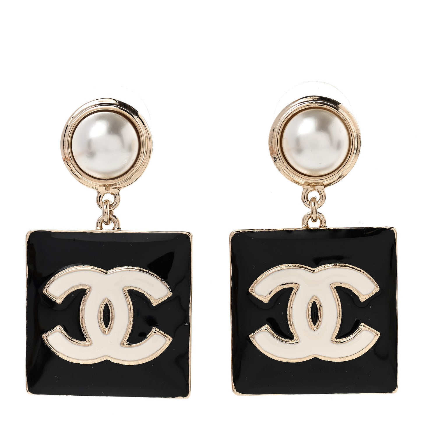 Metal Resin Pearl CC Drop Earrings Gold Black White