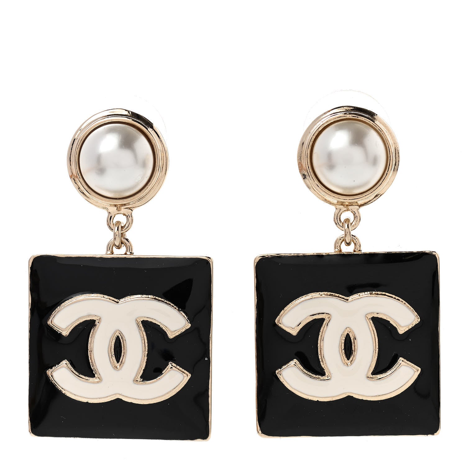 Chanel Metal Resin Pearl CC Drop Earrings Gold Black White 1 of 4