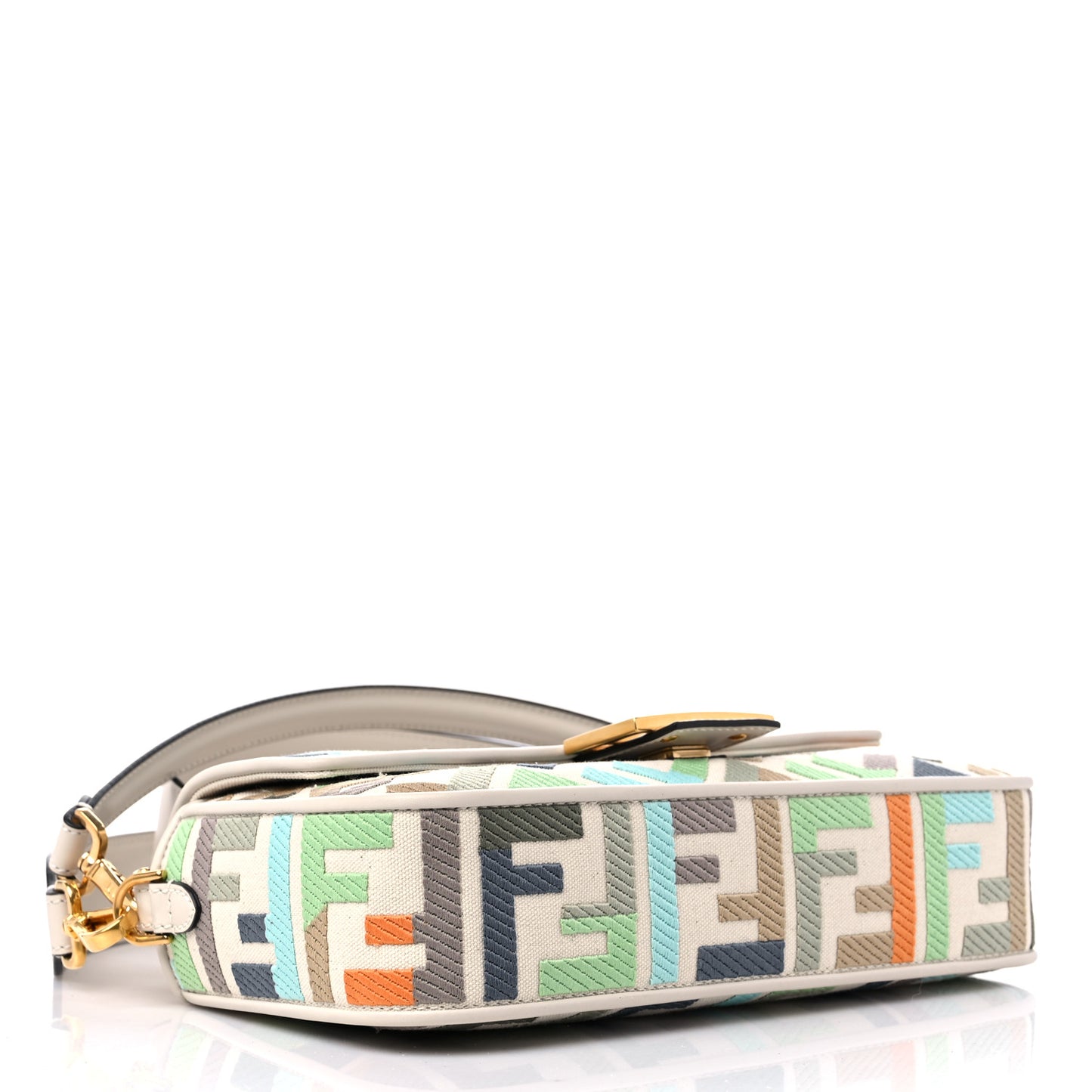 Canvas Vitello Seta FF Multicolor Embroidered Baguette Grezzo Multicolor Latte