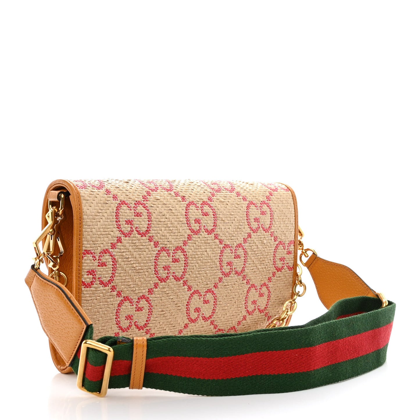 Raffia Textured Dollar Calfskin GG Monogram Web Small Horsebit 1955 Crossbody Bag Natural Bright Hibiscus Sun Oil