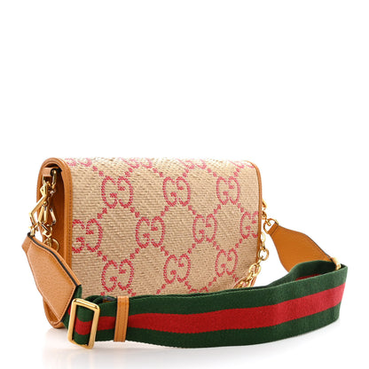 Gucci Raffia Textured Dollar Calfskin GG Monogram Web Small Horsebit 1955 Crossbody Bag Natural Bright Hibiscus Sun Oil 3 of 12