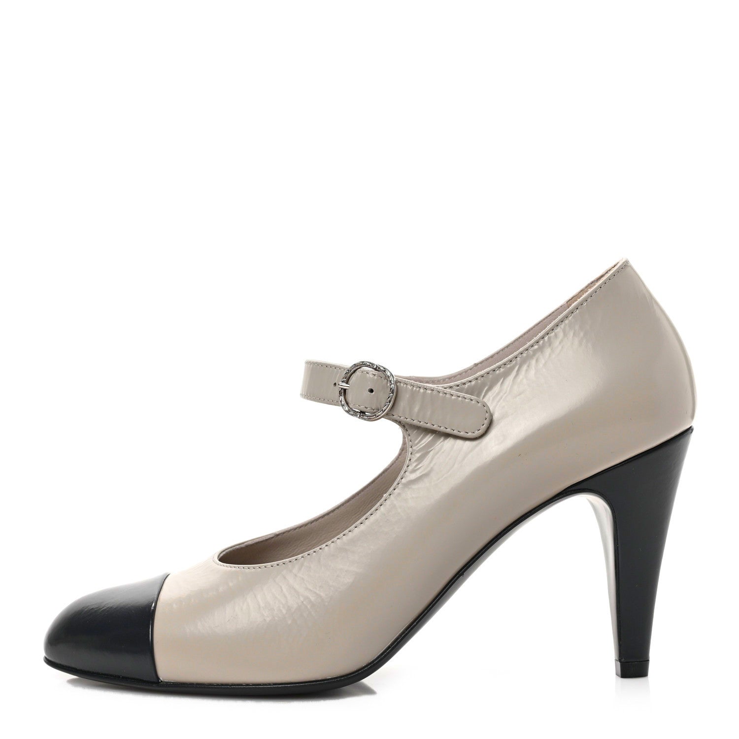 Chanel Shiny Goatskin Cap Toe Mary Jane Pumps 37.5 Black Dark Grey 1 of 8