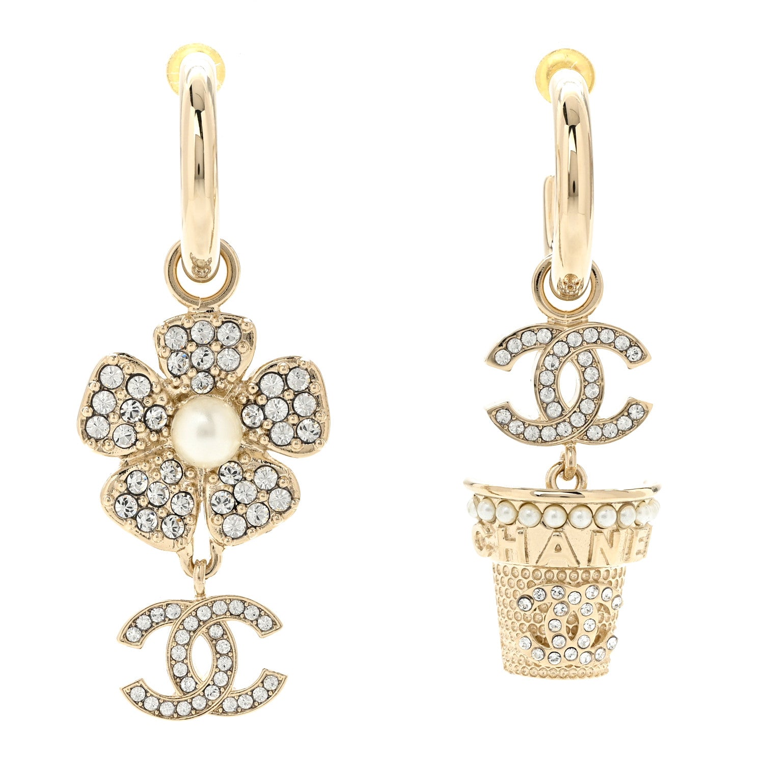 Chanel Crystal Pearl CC Logo Flower Dangle Earrings Gold 1 of 5