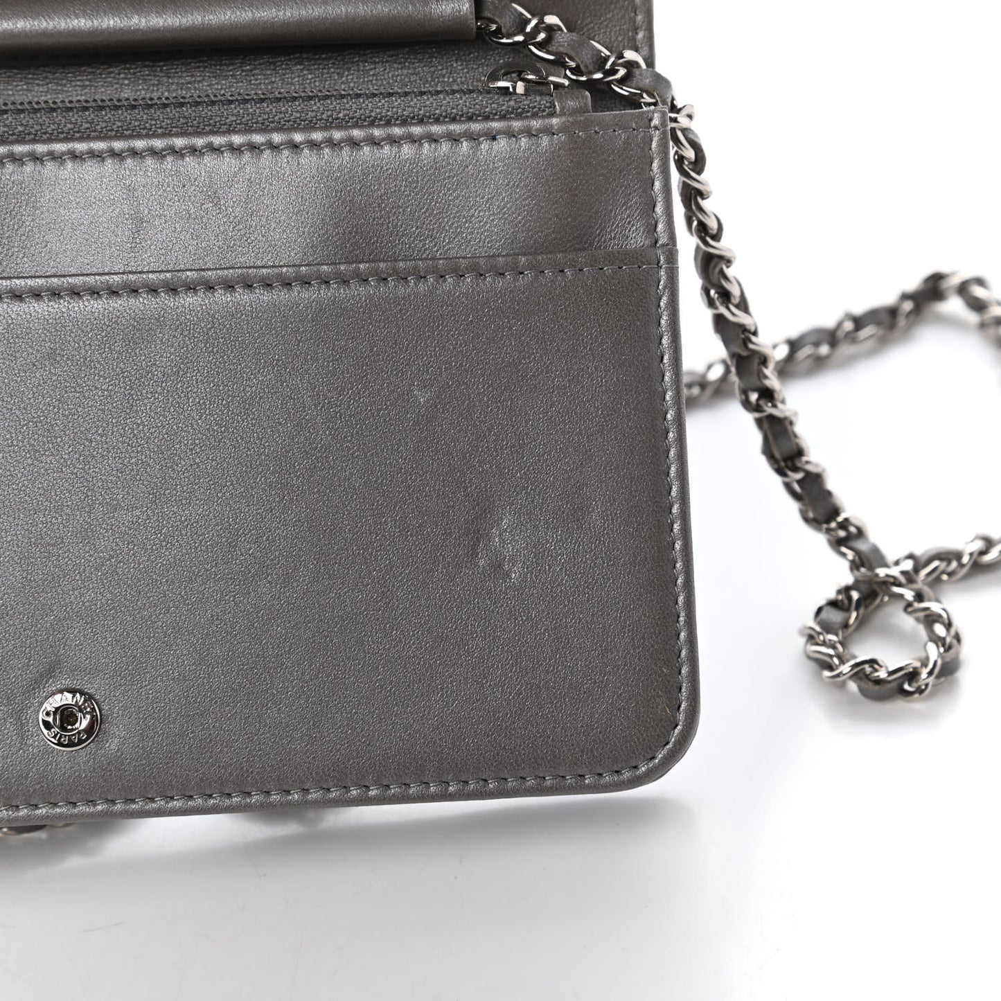 Metallic Lambskin Quilted Data Center Wallet On Chain WOC Silver