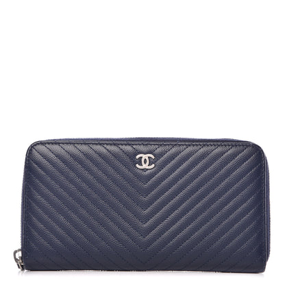 Chanel Caviar Chevron Quilted Large Gusset Zip Around Wallet Navy 1 of 8