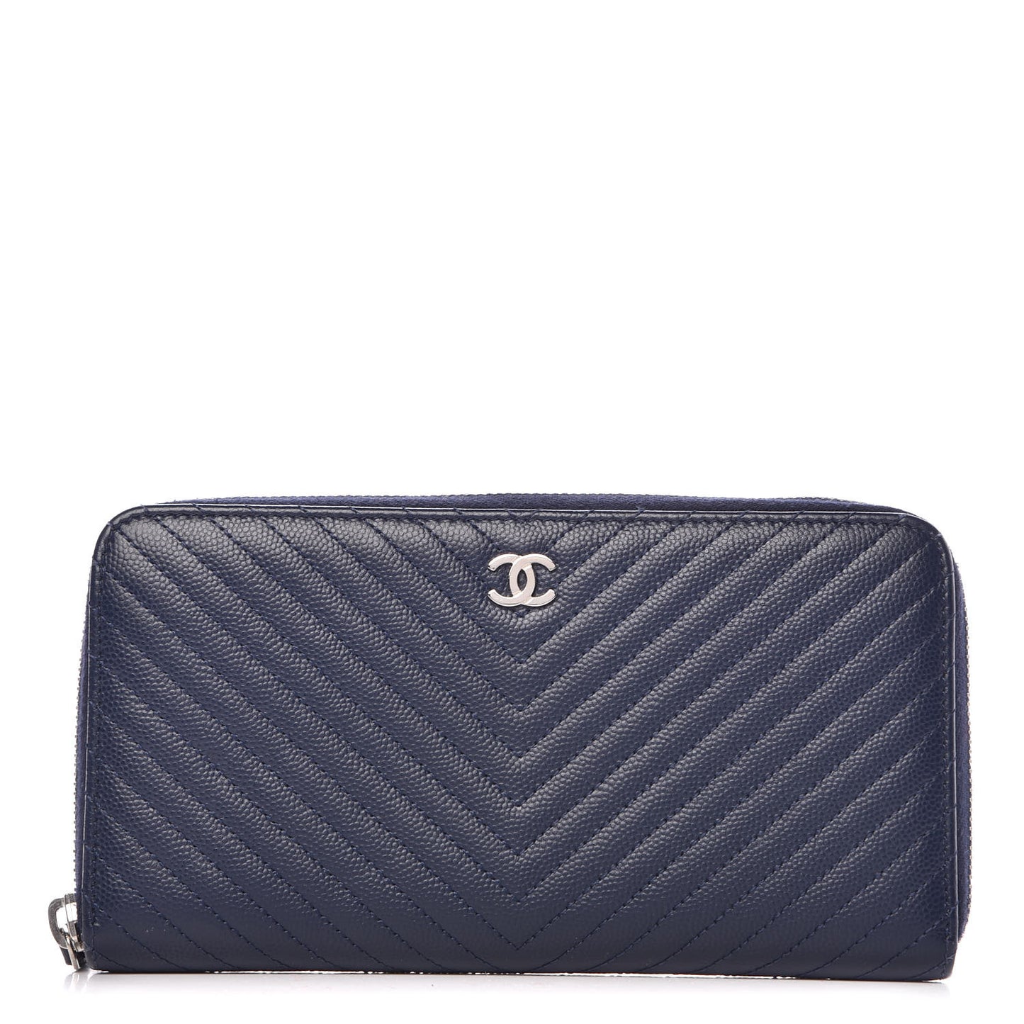 Caviar Chevron Quilted Large Gusset Zip Around Wallet Navy