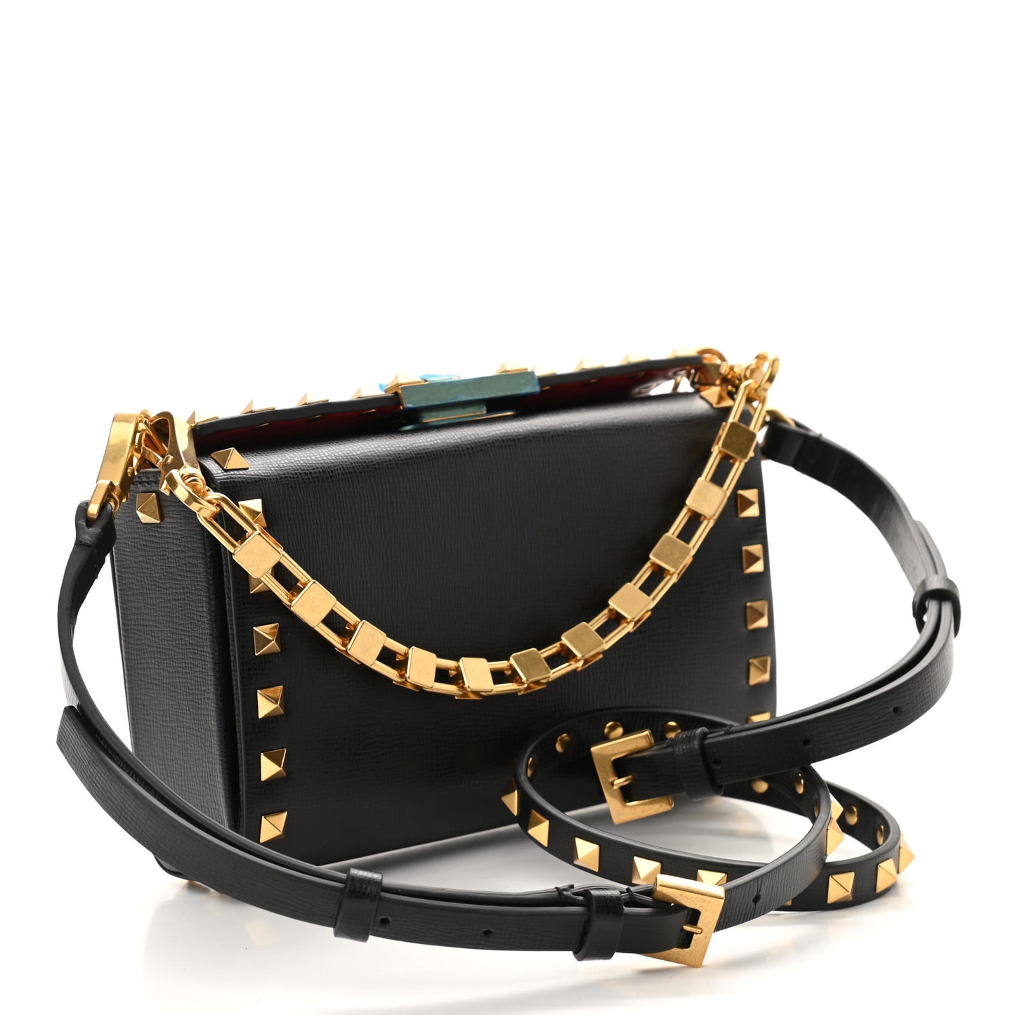 Grainy Calfskin Rockstud Alcove Box Clutch Black