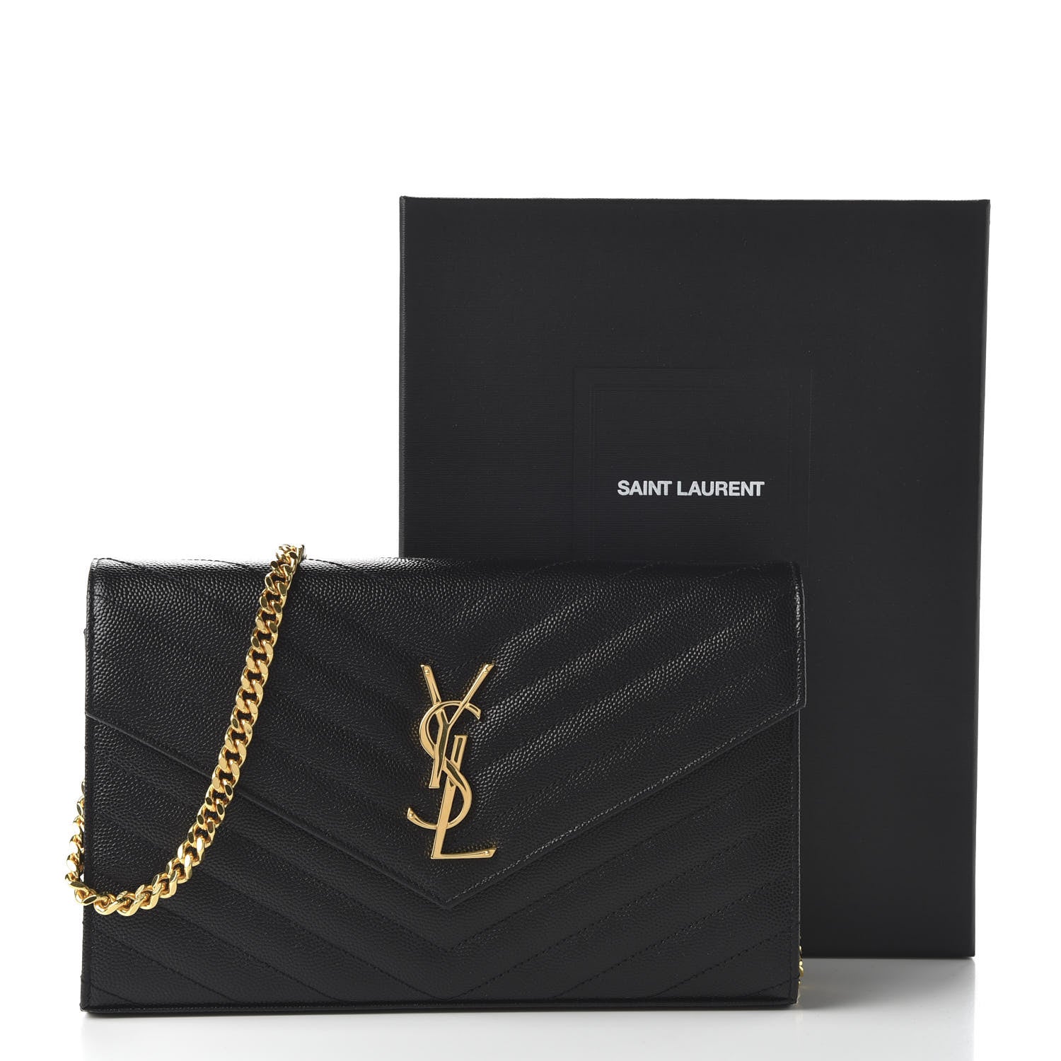 Saint Laurent Grain De Poudre Matelasse Chevron Monogram Chain Wallet Black 10 of 10