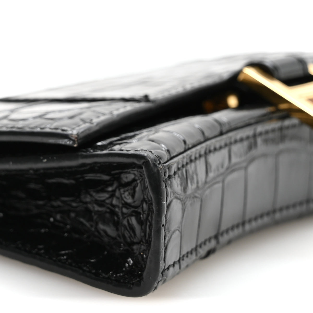 Shiny Calfskin Crocodile Embossed XS Hourglass Wallet On Chain Black