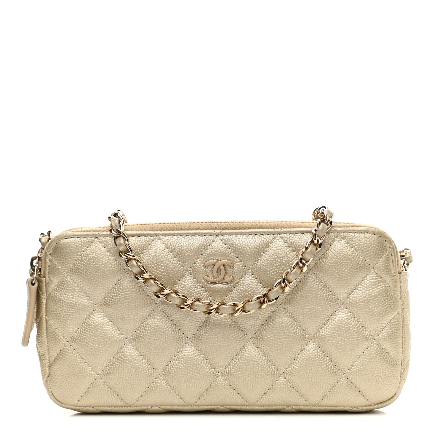 Metallic Caviar Quilted Small Clutch With Chain Gold