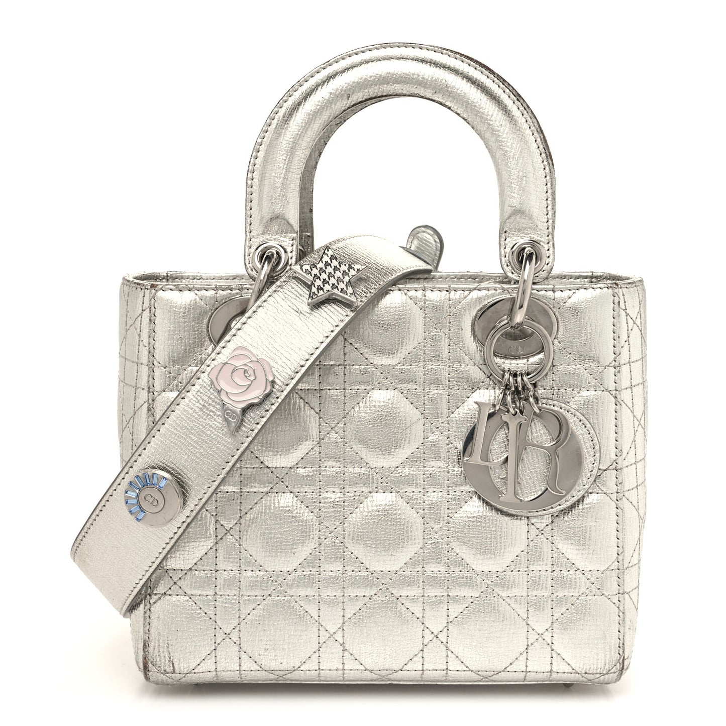 Metallic Grained Calfskin Cannage Small Lucky Badges My Lady Dior Silver